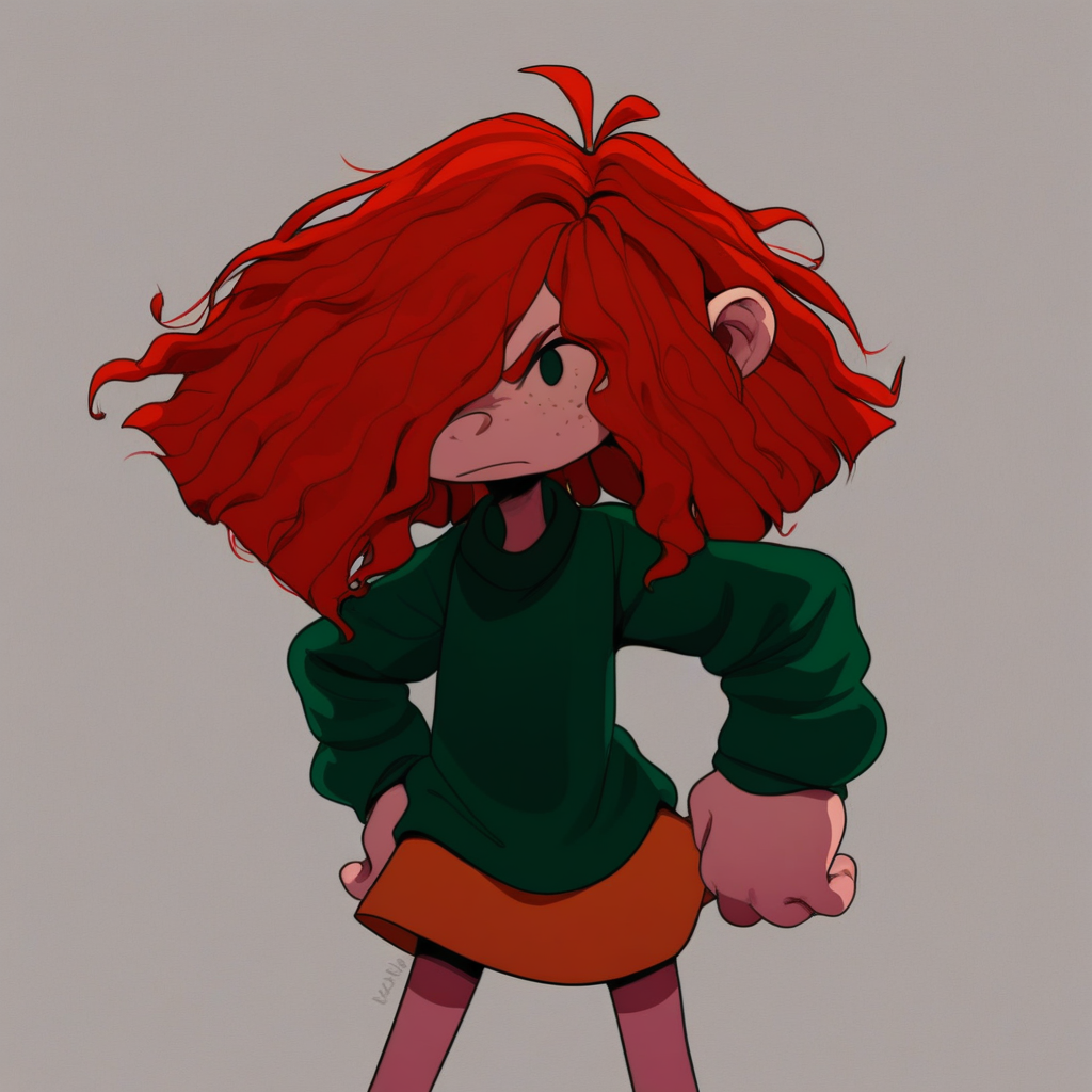score_9, solo, FF, red hair, hair over one eye, freckles, green shirt, skirt