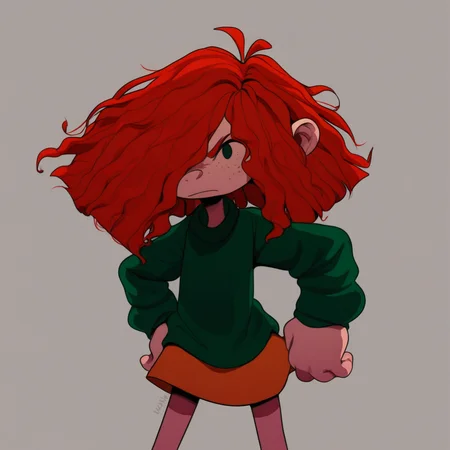 score_9, solo, FF, red hair, hair over one eye, freckles, green shirt, skirt