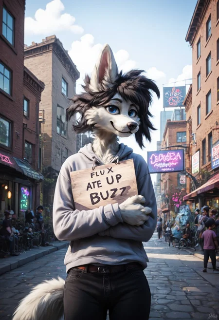 source_furry, score_9, score_8_up, solo, 1girl, standing, city, gray hoodie, black jeans, brown belt, breasts, cowboy shot, bright colors, long hair, black hair, spiky hair, blue eyes, ponytail, medium breasts, wolf, pointy ears, white fur, furry, holding a sign that reads "Flux ate up buzz.", detail eyes, magic eyes, de01