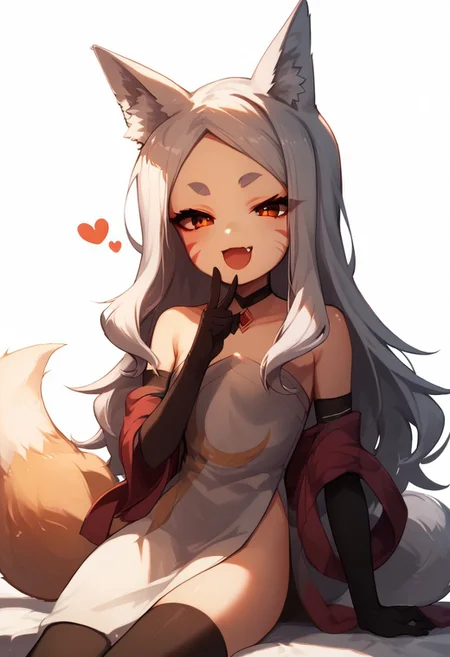 masterpiece, best quality, score_9, score_8_up, score_7_up, score_6_up, 18year old, mesugaki, smug, skin fang, hand to own mouth,Expressiveh,Shiro,
1girl, solo, gloves, thighhighs, elbow_gloves, dress, animal_ears, black_gloves, long_hair, black_thighhighs, red_eyes, fox_shadow_puppet, strapless_dress, fox_ears, white_dress, white_background, strapless, facial_mark, smile, simple_background, open_mouth, animal_ear_fluff, fox_girl, tail, short_eyebrows, choker, fox_tail, thick_eyebrows, looking_at_viewer, bare_shoulders, :d, shawl, very_long_hair, sitting, fang, black_choker