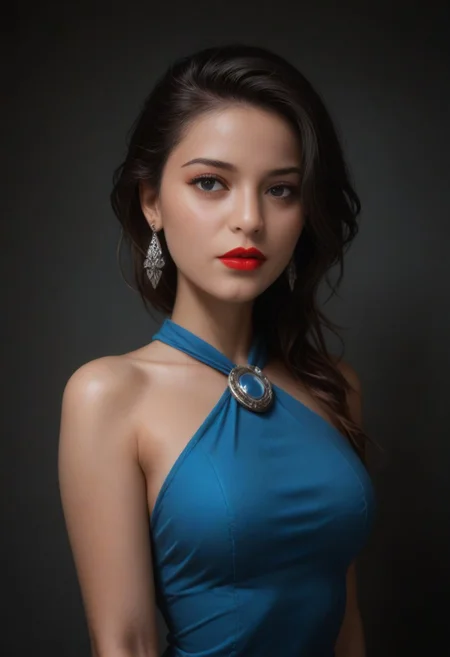 Indipro, masterpiece, best quality, highres, realistic, best quality,
score_9, score_8_up, score_7_up,
Captivating, realistic photo shoot. 20 year old BettyXLP stands in front of a dark gray backdrop. She is dressed in a (blue saree with intricate silver embroidery) and a cream blouse. Her hair is long and cascades over her shoulders, framing her face. She's wearing a pair of silver earring on her left ear. Her left hand is draped over her right shoulder. Her right hand is resting on her hip. She has a red lipstick on her lips.expressiveh
