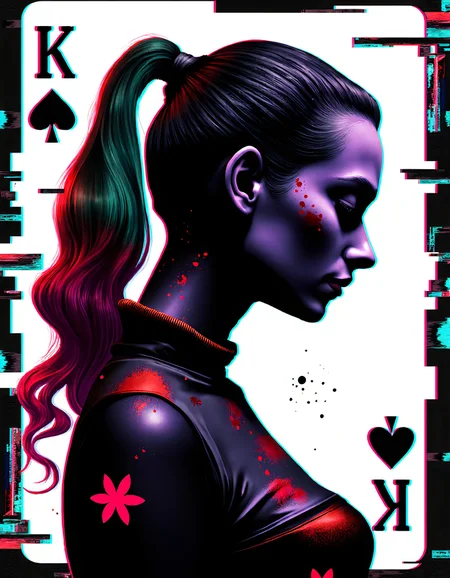 psycho_4rt, glitch art, surrealism, abstract composition, the Harley quinns silhouette as the central figure, dark yet vibrant colors, (playing card background: Joker card), intricate and fragmented designs resembling digital errors, distorted patterns, bold contrasting hues, (psychedelic effects:1.3), flowing textures and surreal shapes. The card is surrounded by glitchy distortions, broken pixel art effects, vibrant light streaks, and surreal dreamlike haze. The entire composition merges with the theme of a Joker playing card, with card details subtly embedded in the design. High detail, cinematic lighting, atmospheric and moody, visually striking.
