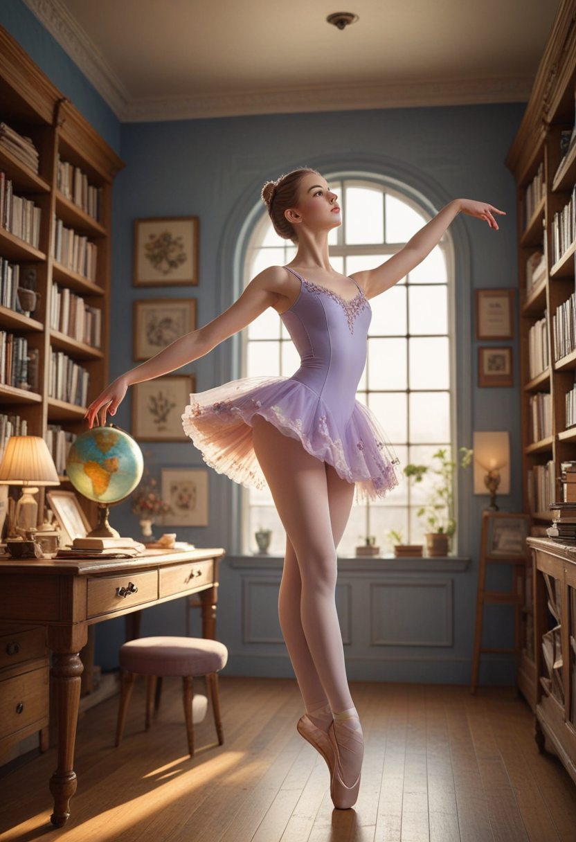 (medium full shot) of  (esthetic ballerina) young woman, french, bright green eyes, light skin, fair skin, blue eyes, petite, short hazel straight down hair,  wearing Fairy-like lilac leotard with floral appliques, ethereal tulle skirt, stockings, ballet slippers,  set in  Study room, Productive corner with a large wooden desk cluttered with papers, a comfortable swivel chair, floor-to-ceiling bookshelves filled with reference books, a globe on a stand, and a framed inspirational quote on the wall , at sunset, surprised, open mouth, running toward the viewer, Masterpiece,best quality, photorealistic, amazing quality, very aesthetic, extremely detailed face,