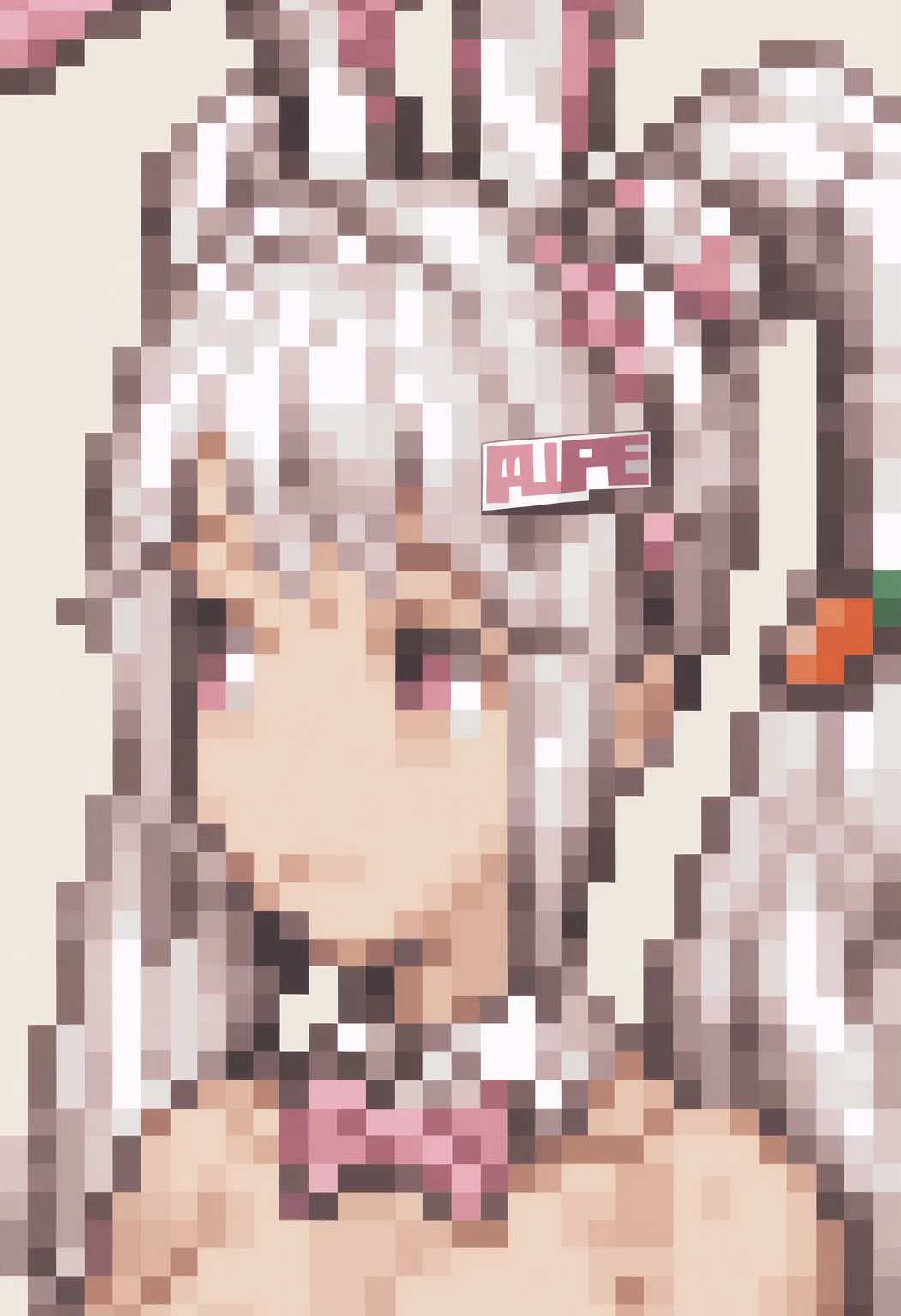 masterpiece, best quality, solo, 1girl, looking at viewer, <lora:FFT-Portraits-illus_Fp:1>, pixel art, portrait, simple background, <lora:alice-nikke-richy-v1_ixl:1>. alicebny, pink eyes, white hair, twintails, very long hair, bangs, hair ornament, carrot hair ornament, pink hairband, pink hairbows, fake animal ears, rabbit ears, medium breasts, playboy bunny, detached collar, pink bowtie, pink leotard,