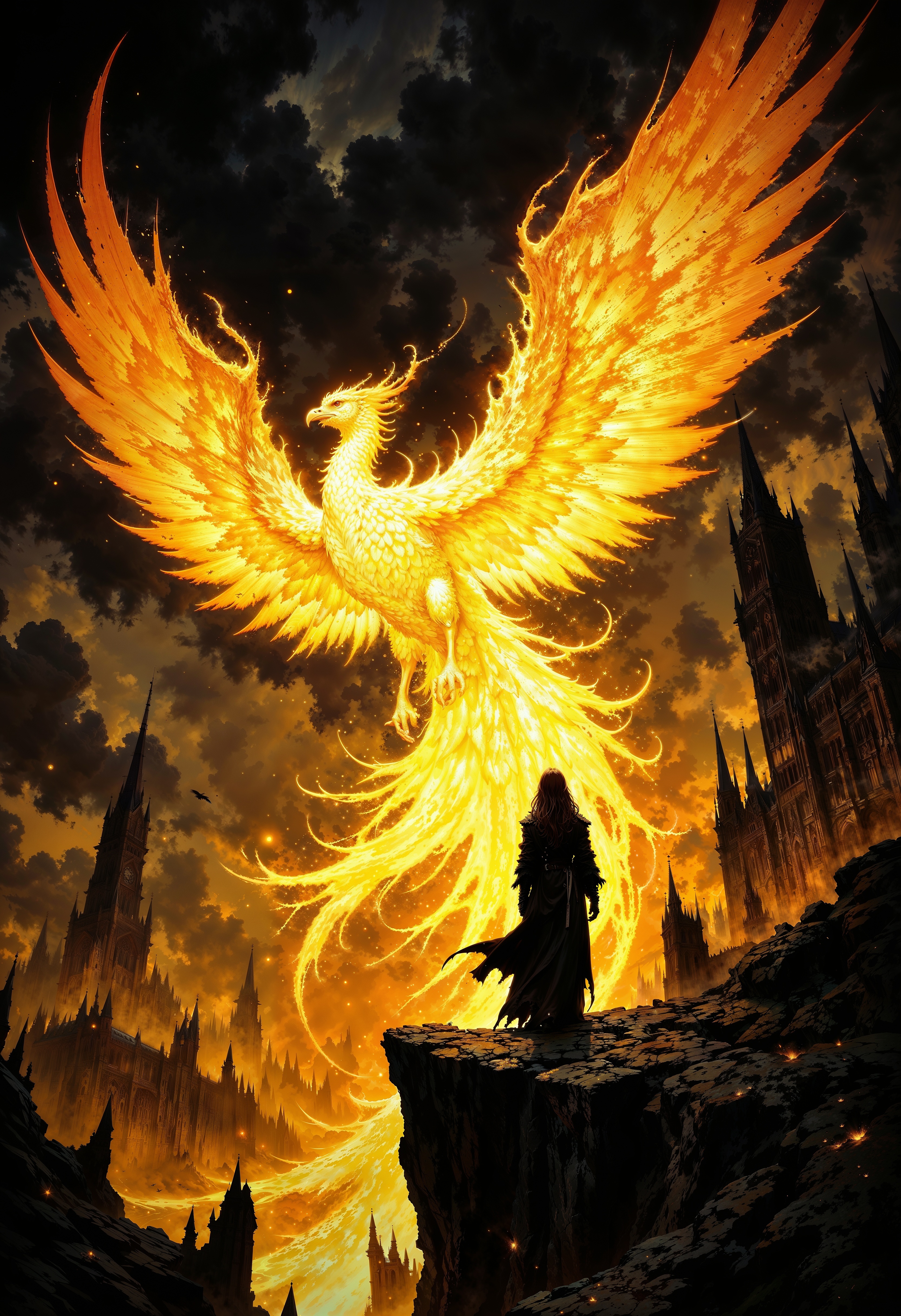 M4gicalL1nes, a digital painting in a fantasy art style, depicting a majestic, golden-feathered phoenix-like creature with fiery wings soaring over a dark, jagged rock formation. The creature's wings are ablaze with intense, glowing flames. In the background, an ominous, shadowy cityscape with spires and towers is illuminated by the creature's fiery aura. A silhouetted figure, likely a woman in flowing robes, stands on a ledge, gazing upwards in awe. The sky is dark, with swirling clouds, and the overall color palette is dominated by fiery oranges and blacks.
 <lora:FluxMythM4gicalL1nes:1>