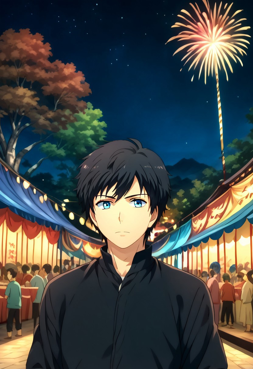 high resolution, solo, best quality, 1Boy, Arata Kaziaki, Black Hair, Blue Eyes, Festival, Night Festival, Firework, Dating,