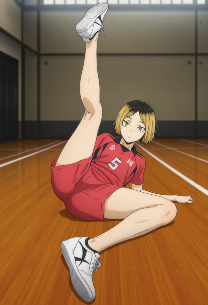 safe_pos, masterpiece, extremely detailed, best quality, amazing quality, very aesthetic, high resolution, ultra-detailed, absurdres, highres, newest, scenery, volumetric lighting, 1boy, solo, male focus, anime_screenshot, anime_screencap, anime_coloring, BREAK kenma, kozume_kenma, brown eyes, short hair, multicolored hair, two-tone hair, roots /(hair/), blonde hair, black hair, parted bangs, sportwear, volleyball uniform, nekoma volleyball uniform, shirt, red shirt, short sleeves, shorts, red shorts, shoes, white footwear, bare legs, lying, leg up, indoors, looking at viewer, full body,