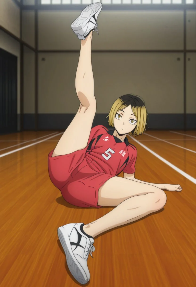 safe_pos, masterpiece, extremely detailed, best quality, amazing quality, very aesthetic, high resolution, ultra-detailed, absurdres, highres, newest, scenery, volumetric lighting, 1boy, solo, male focus, anime_screenshot, anime_screencap, anime_coloring, BREAK kenma, kozume_kenma, brown eyes, short hair, multicolored hair, two-tone hair, roots /(hair/), blonde hair, black hair, parted bangs, sportwear, volleyball uniform, nekoma volleyball uniform, shirt, red shirt, short sleeves, shorts, red shorts, shoes, white footwear, bare legs, lying, leg up, indoors, looking at viewer, full body,