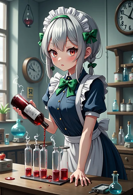 A masterpiece, ultrarealistic, natural colours of morning light, photorealistic scene, intricate interior of a laboratory, rich in detail, chemistry equipment in the background, a clock, flat chest, lean, small-breasted, tiny tits, bustless, unbuxom, nothing clingy, no make-up, without make-up,
flat chested scientist Izayoi Sakuya with intelligent concentrated face with no make-up squinting her eyes is leaning over table, holds a wine bottle and pours wine into a row of steaming test tubes lined on the table without paying any attention to the viewer, slender, short silver hair, twin braids, green bows, green bowtie, loose blue maid uniform, mid dress, maid headdress, detached collar, white apron, pocket watch,
<lora:Hand v2:1.1> Detailed hand, Hand, Perfect hand,
<lora:best_of_flux_v30_rank64_bf16-step01750:1> best_of,