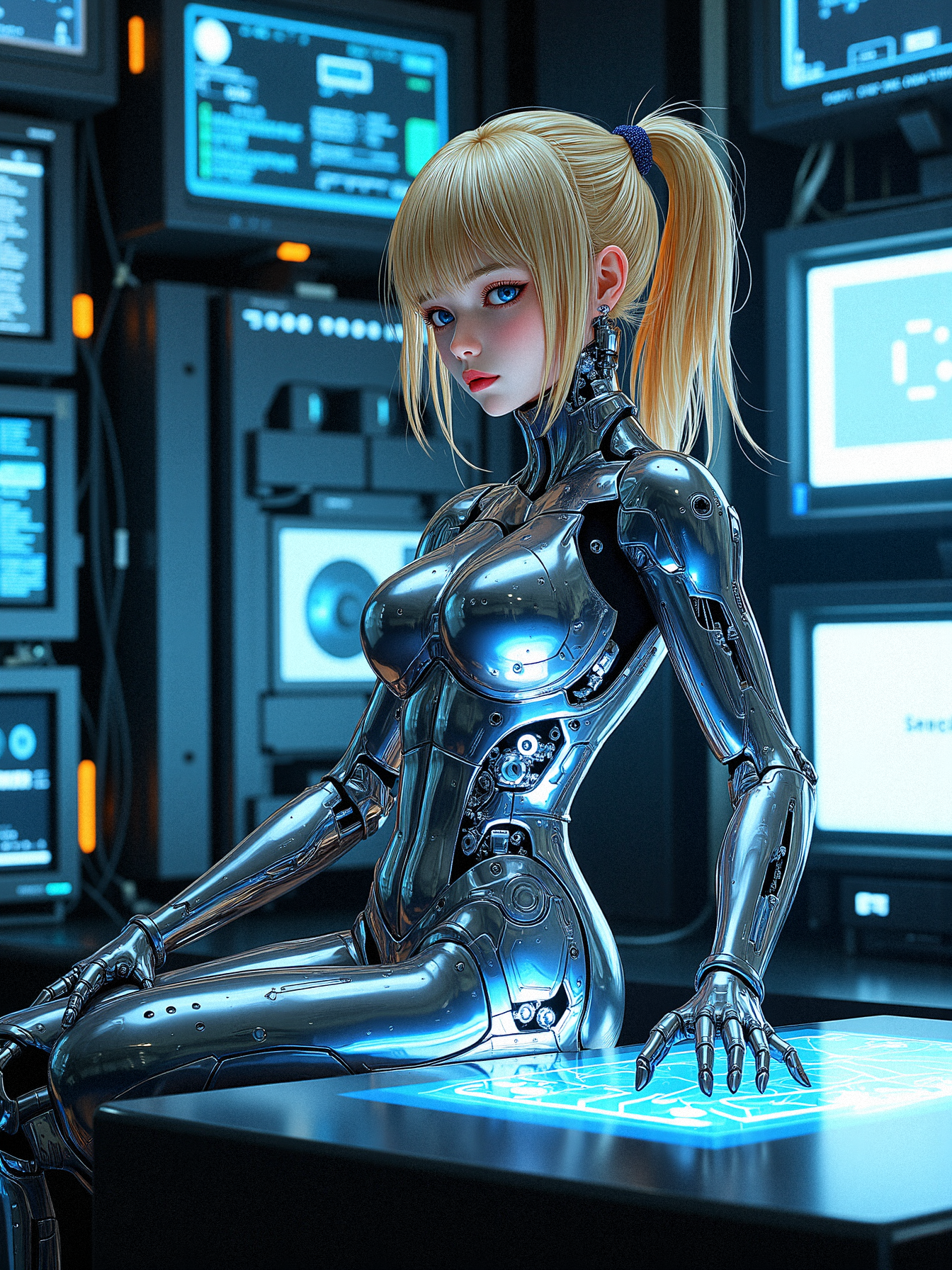 safe for work anime artwork and fantasy art of a female hacker in a cybernetic network hub, surrounded by advanced computer systems and holographic data streams. She is wearing a sleek, alloy plating cybernetic suit embedded with cybernetic enhancements, and her blonde hair is partially illuminated by the various screens and floating holograms. She is seated casually, her posture relaxed yet alert, with her fingers poised above a virtual keyboard projected in front of her. The environment should feel futuristic and dense with digital information, with glowing data cables and interfaces interweaving throughout the space. Highlight the contrast between her calm demeanor and the complexity of the cybernetic hub.

a subtle, integrated communication system in her head or neck, with tiny speakers and microphones for direct interaction.a form-fitting, adaptive fabric bodysuit that covers parts of her body, adjusting its texture and rigidity based on her needs.Introduce subtle, bioluminescent vein-like structures that run through her mechanical components, pulsing gently with a soft glow.Integrate glowing, circuitry-like patterns onto her metallic parts, that light up and pulse.

 Sitting back with her arms folded across her chest, her head tilted slightly to one side, and a contemplative look on her face.