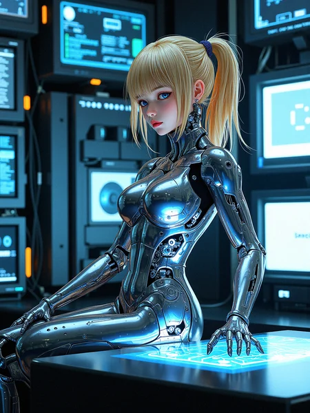 safe for work anime artwork and fantasy art of a female hacker in a cybernetic network hub, surrounded by advanced computer systems and holographic data streams. She is wearing a sleek, alloy plating cybernetic suit embedded with cybernetic enhancements, and her blonde hair is partially illuminated by the various screens and floating holograms. She is seated casually, her posture relaxed yet alert, with her fingers poised above a virtual keyboard projected in front of her. The environment should feel futuristic and dense with digital information, with glowing data cables and interfaces interweaving throughout the space. Highlight the contrast between her calm demeanor and the complexity of the cybernetic hub.

a subtle, integrated communication system in her head or neck, with tiny speakers and microphones for direct interaction.a form-fitting, adaptive fabric bodysuit that covers parts of her body, adjusting its texture and rigidity based on her needs.Introduce subtle, bioluminescent vein-like structures that run through her mechanical components, pulsing gently with a soft glow.Integrate glowing, circuitry-like patterns onto her metallic parts, that light up and pulse.

 Sitting back with her arms folded across her chest, her head tilted slightly to one side, and a contemplative look on her face.