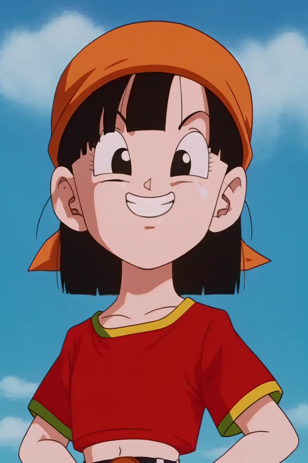 source_anime, score_9, score_8_up, score_7_up, anime screencap,8k, absurd res,
pan \(dragon ball\), 1girl, solo, looking at viewer, smile, short hair, bangs, black hair, collarbone, upper body, gold trim, short sleeves, sky, day, cloud, grin, black eyes, blue sky, blue background, red shirt, orange bandana, female child, 1990s \(style\), eyelashes, smug, hands on hips, midriff, from below, clenched teeth, retro artstyle
<lora:panRemake_pony_v1:0.8>