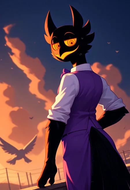 score_9, score_8_up, score_7_up, (by shinodage), outdoor, sexy, sweat, dutch angle, high quality, hires, solo, anthro, detailed background, detailed eyes, emotional, easynegative, Split Lighting style, pose
barnaby, avian, ghost, owl, spirit, black body, yellow eyes, long neck, feathers, vest, digitigrade, bow tie, purple clothing