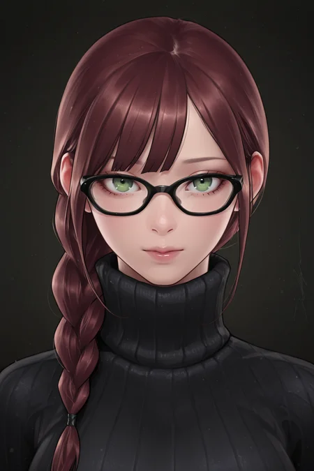 {{masterpiece,best quality,amazing quality,absurdres}},
BREAK
1girl, solo, portrait, upper body, looking at viewer, brown hair, green eyes, bangs, single braid, black glasses, large breasts, black sweater, turtleneck, ribbed sweater
<lora:Jeehyung_Lee_Style:1>