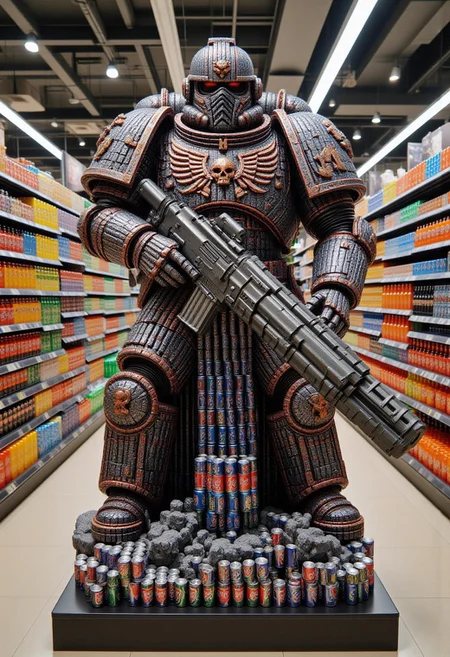 The image is a high-resolution photograph of an elaborate, creative arrangement inside a well-lit supermarket aisle. The centerpiece is a meticulously crafted, life-size model of UltraM40k space marine made of soda cans, constructed entirely from cans of soda.
