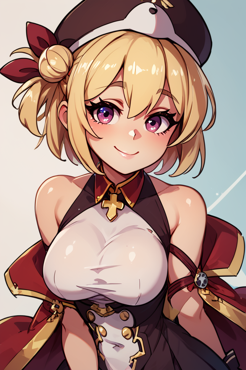 score_9, score_8_up, score_8, medium breasts, (curvy), cute, eyelashes,       ,,, , ,,, zzLeipzig, hair between eyes, pink eyes, blonde hair, hair bun, hair ribbon, one side up, short hair, single hair bun, hat, bare shoulders, purple eyes, ribbon, gloves, black gloves, medium breasts, black headwear, large breasts,  <lora:Leipzig_Azurlane_PDXL:1.0>,  ,,,, BREAK, <lora:GoldenCAT_Lora_PDXL_v2:0.8>, smile, closed mouth, looking at viewer, cowboy shot, ,,, embedding:zPDXL, Expressiveh, ,,, <lora:Expressive_H-000001:0.4>,