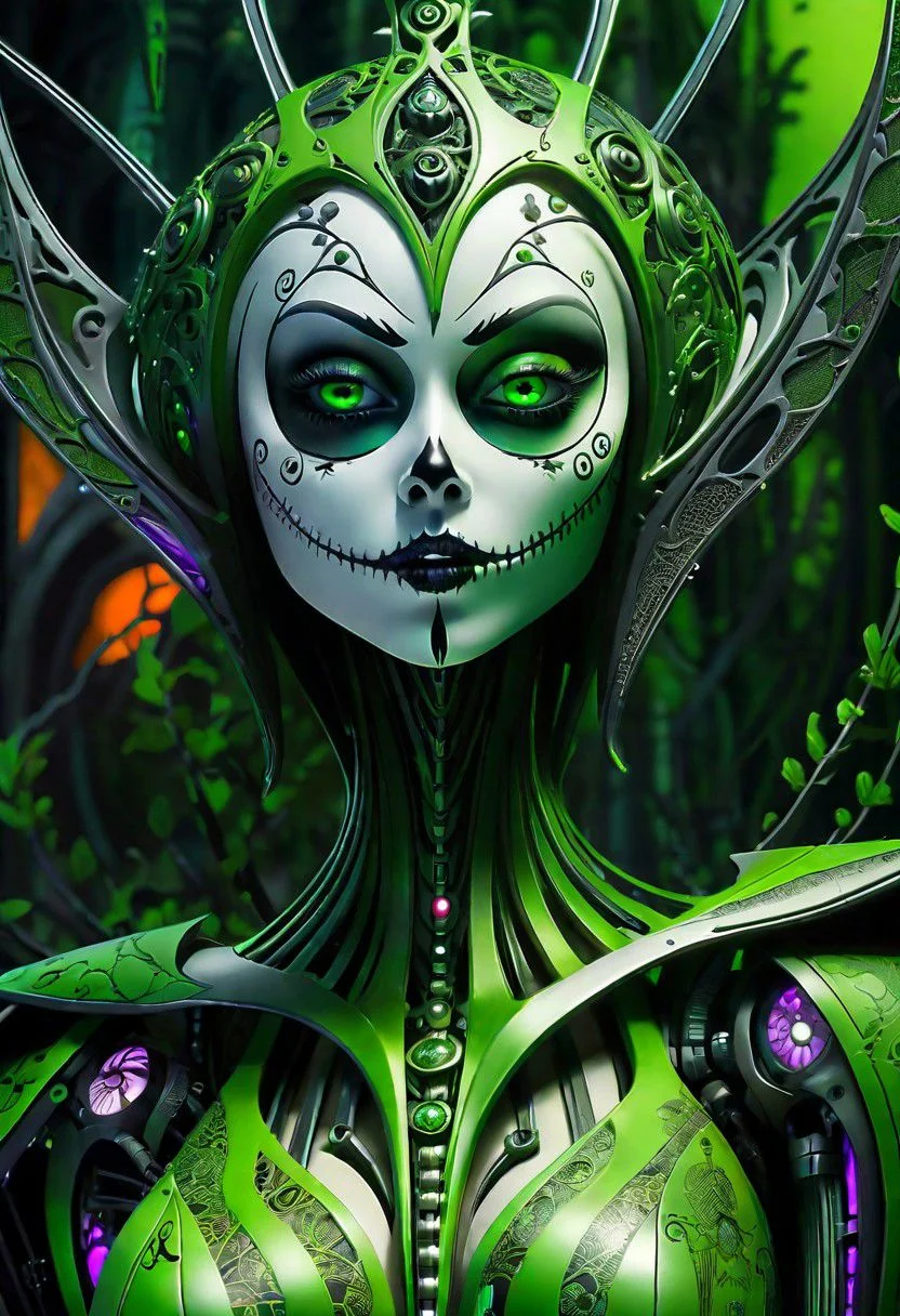 creepy Cyberpunk artwork inspired by Jack Skellington from The Nightmare Before Christmas, set in a futuristic fashion cyberpunk universe. Sexy, Emphasize her seductive allure, beautiful face, perfect eyes, perfect nose shape, perfect lips, perfect hands, vibrant green foliage, neon-lit cityscape, and intricate cybernetic enhancements. Capture the essence of danger and allure in this cyberpunk masterpiece., cyberpunk style