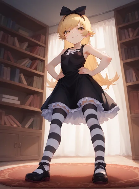 score_9, score_8_up, score_7_up, score_6_up, source_anime, official art, full body, from below, 
1girl, small breasts, flat chest, young, oshino shinobu, blonde hair, petite, long hair, yellow eyes, hair bow, hairband, gothic, black dress, sleeveless, striped thighhighs, smirk, 
rug, bookshelf, standing, hands on hips, 
<lora:char-shinobu-pony:1>, <lora:QAQ STYLE PONY V 0.1:1>,