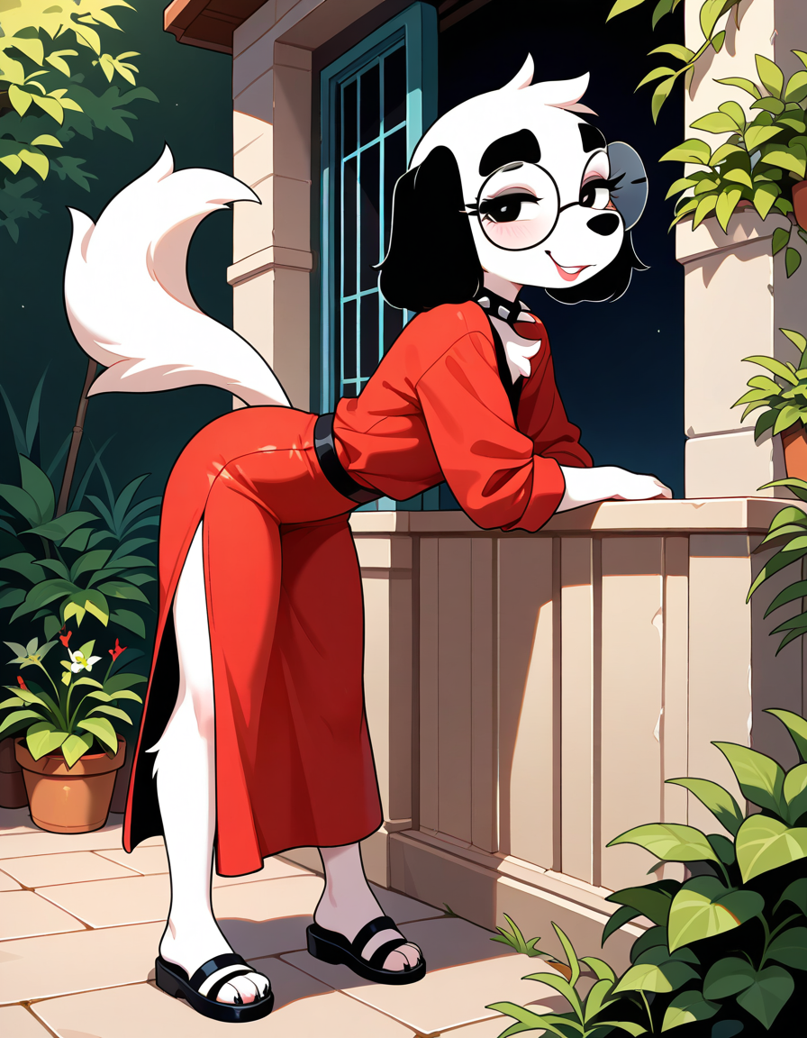 masterpiece, best quality, very aesthetic, absurdres,
outdoors,
posing, 
full body, seductive smile, parted lips, long eyelashes,
 <lora:Molly_v01_NAIXL:1>
Molly,1girl,solo,furry,furry female,dog girl,dof ears,short hair,black eyes,thick eyebrows,round eyewear,snout,animal nose,spiked collar,body fur,white fur,dog tail,