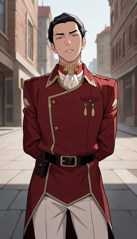 masterpiece,best quality,absurdres,newest,perfect quality,best quality,absolutely eye-catching,detailed background,intricate details,male focus,solo,<lora:Legend of Korra - General Iroh - Illustrious-000006:0.7>,geniroh,black hair,short hair,slicked back hair,amber eyes,short red uniform coat,brown belt,white pants,white neckerchief,brown gloves,outdoors,arms behind back,head tilt,looking at viewer,