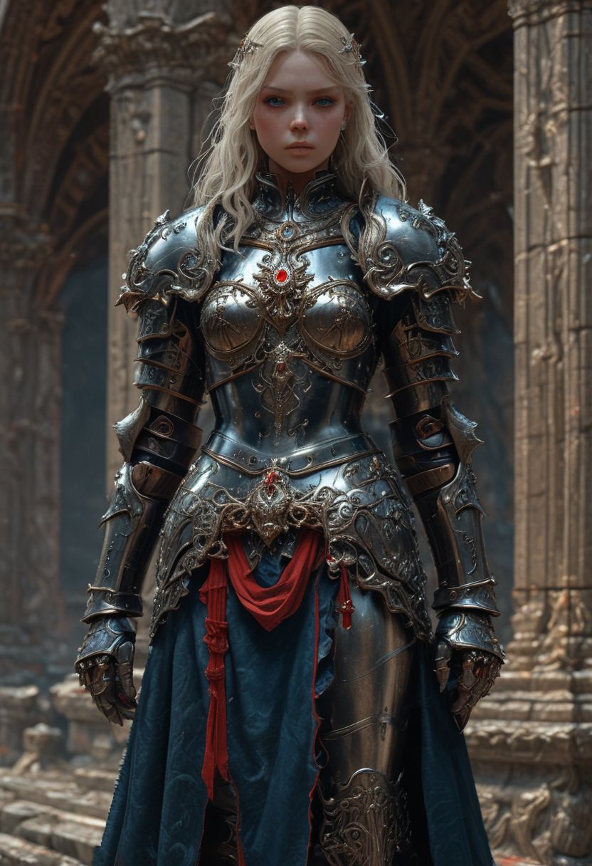 High resolution ultra-realistic of beautiful Warrior Princess, A Warrior Princess clad in a iron armor, red mini skirt, standing among the soldiers in the courtyard of a gloomy castle, head and shoulders portrait, wavy blonde hair, realistic blue eyes, perfect athletic figure, handsome vampire pale bloody face, beautiful perfect detailed pupils, wet oily shiny skin, beautiful firm Breasts, defiant and seductive, 8k resolution concept art portrait by Greg Rutkowski, Dark Ages, Artgerm, WLOP, Alphonse Mucha dynamic lighting hyperdetailed intricately detailed Splash art trending on Artstation triadic colors Unreal Engine, 5 volumetric lighting, Cinematic Lighting, intricate, smooth, sharp focus digital painting, Asymmetrical Balance, hyperdetailed painting, dynamic lighting