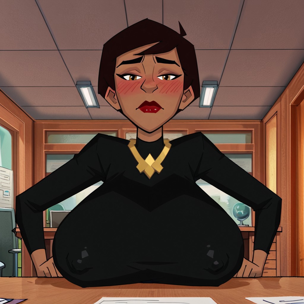 Professor Granville,red lips,short hair,black shirt,blue skirt,looking at viewer,office,sitting at desk,sitting across from viewer,dark-skinned female,,expressive, masterpiece,best quality,amazing quality,embarrassed,blushing,(gigantic breasts,covered nipples,breasts resting on table,)