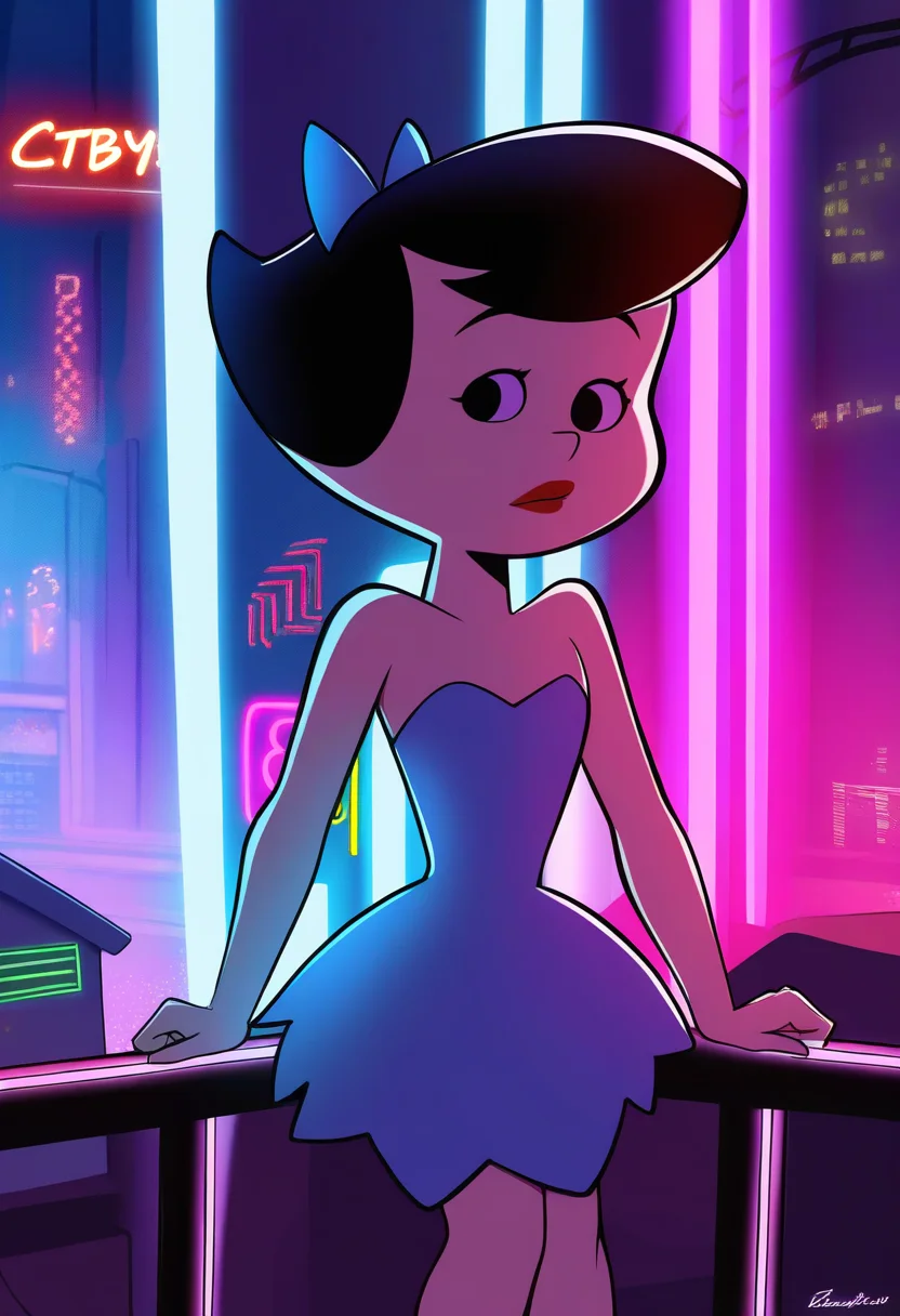 masterpiece, best quality, very aesthetic, absurdres,
1girl, betty, black hair, hair bow, short hair, black eyes,
red lipstick,
blue dress, strapless, bow, strapless dress,
cyberpunk city, neon light, cyberpunk background, <lora:BettyRubbleNoobXL_byKonan:1>