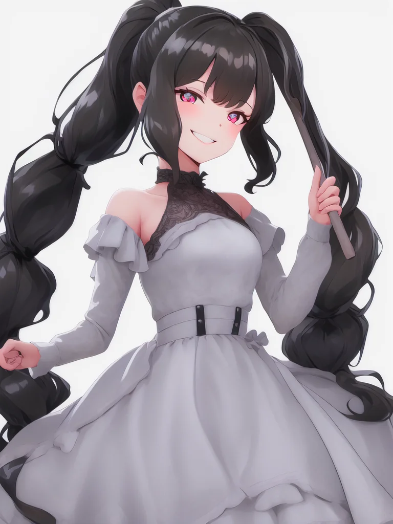 masterpiece, best quality, cowboy_shot, simple_background, white_background, 1girl, solo, dress, smile, long hair, ponytail,  <lora:LostRuins:1>