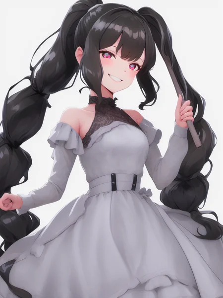 masterpiece, best quality, cowboy_shot, simple_background, white_background, 1girl, solo, dress, smile, long hair, ponytail, <lora:LostRuins:1>
