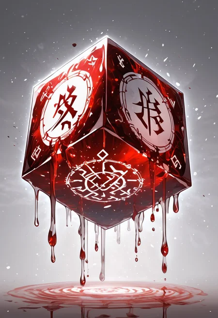 (masterpiece), best quality, Symphtia-Style, Anime, (Floating Cube, Dripping Liquid), White Background, No Humans, White and Red Theme, (Ancient Runes, Glowing Runes, Light Refraction), Symphtia-Style, Zyrnox-Exoterra Style