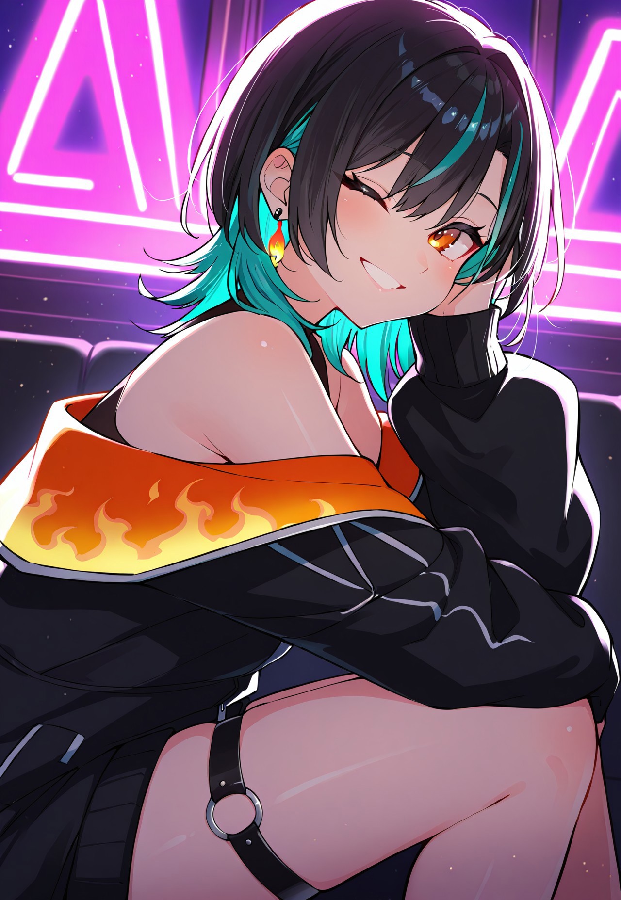 (masterpiece, best quality:1.3),1girl,

rindo chihaya(hololive),orange eyes,black hair,steaked hair,aqua inner hair,medium hair,

bare shoulders,o-ring thigh strap,black jacket,puffy sleeves,multicolored jacket,jewelry,earrings,flame print,

sitting,smiling,wink,light grin,looking at viewer,adjusting hair,from side,close-up,

indoors,nightclub,neon lights,(backlighting,soft shadows:1.2)