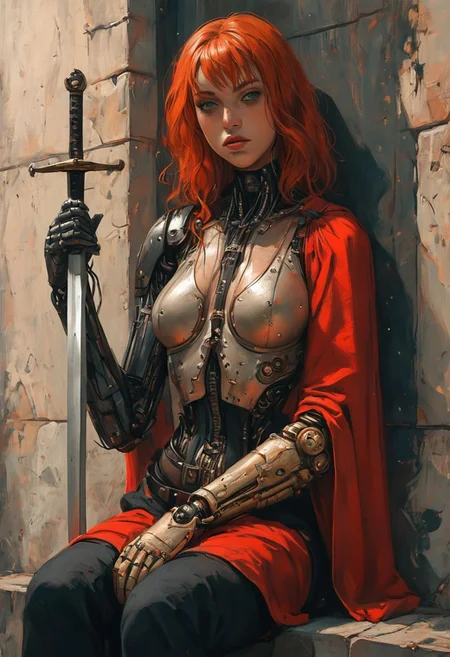 score_9, score_8_up, score_7_up, raw, fcNeg, Expressiveh, realistic, highly detailed, fantasy, (oil painted:1.2), g0thicPXL, w00dpr0sth3t1c
/BREAK/
1girl, 25 years old, (tan skin:1.2), (dusky green eyes:1.2), beautiful eyes, scars, natural skin texture, beautiful face, (perfect face:1.2), (cropped rust-red ginger hair:1.5), (bangs:1.4), (big body frame:1.4), strong woman, subsurface scattering, very detailed face, (metallic_prosthetic_arm:1.4), (mechanical arms:1.4), cable, wires, reelmech, mechanical parts, bulky steampunk body suit, metal_joints, (prosthetic_harness), (very fit body:0.8), (muscular:1.2), (black iron medieval armor:1.2), (holding a sword:1.4), sitting on a low wall
BREAK
outdoors, daylight, blue sky, beautiful lighting, beautiful vibrant colors, in the streets of a medieval city, medieval alleyway, full body
