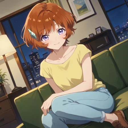 masterpiece, best quality, score_9, score_8_up, score_7_up, full body, 1 girl, looking at viewer, cowboy shot, dutch angle, indoors, sitting on couch, living room, night, blush, smile, Anz, brown hair, short hair, hair ornament, purple eyes, collarbone, yellow shirt, blue pants, brown shoes