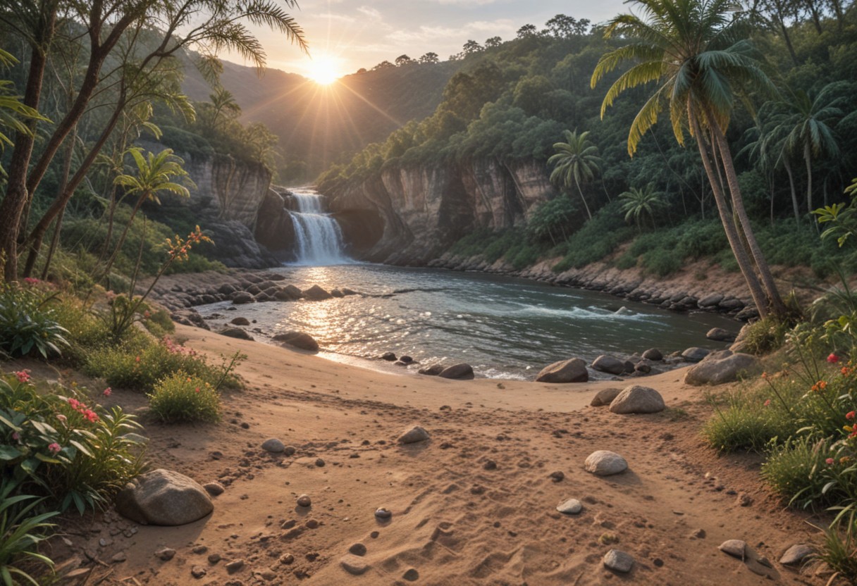 1. Epic Views:
Sunrise Lit Mountain Range: A vast mountain range illuminated by the golden rays of the sunrise. The peaks are covered with snow and the valleys are filled with fog. The sky is brightly colored in pink, orange and purple.
Waterfall cascading into a virgin rainforest: A mighty waterfall cascading into a lush green jungle. The water crashes against the rocks, creating a cloud of mist. Palm trees, orchids and other exotic plants grow around the waterfall.
Desert Landscape with Oasis: Endless desert stretching to the horizon. The hot sand is dotted with cacti and rocks. An oasis with palm trees and a lake can be seen in the distance.
2. Detailed Views:
Flower Macro: A detailed photo of a flower showing its fine petals, veins and dewdrops. The colors are bright and saturated, and the light is soft and diffused.
Forest path strewn with fallen leaves: A path running through a dense forest. The path is covered in fallen leaves and the trees tower over it, creating a tunnel of greenery. The sun's rays flash through the leaves, casting dancing shadows on the ground.
Seashore with stones and shells: A coastline dotted with smooth stones and colorful shells. The waves crash on the shore and the foam is white and fluffy. The sky is blue and the clouds are fluffy and white.