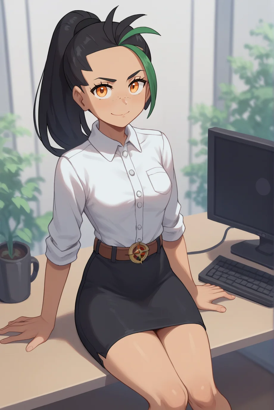score_9, score_8_up, score_7_up, score_6_up, score_5_up, score_4_up, BREAK source_anime, 1girl, solo,
<lora:PokemonNemonaXL-v1-06:0.7>, ChopioNemona, black hair, green hair, streaked hair, ponytail, long hair, eyelashes, orange eyes, freckles, looking at viewer,
office, monitor, keyboard \(computer\), desk, sitting,
black skirt, pencil_skirt, black skirt, white shirt, shirt tucked in, buttons, belt, seductive smile,