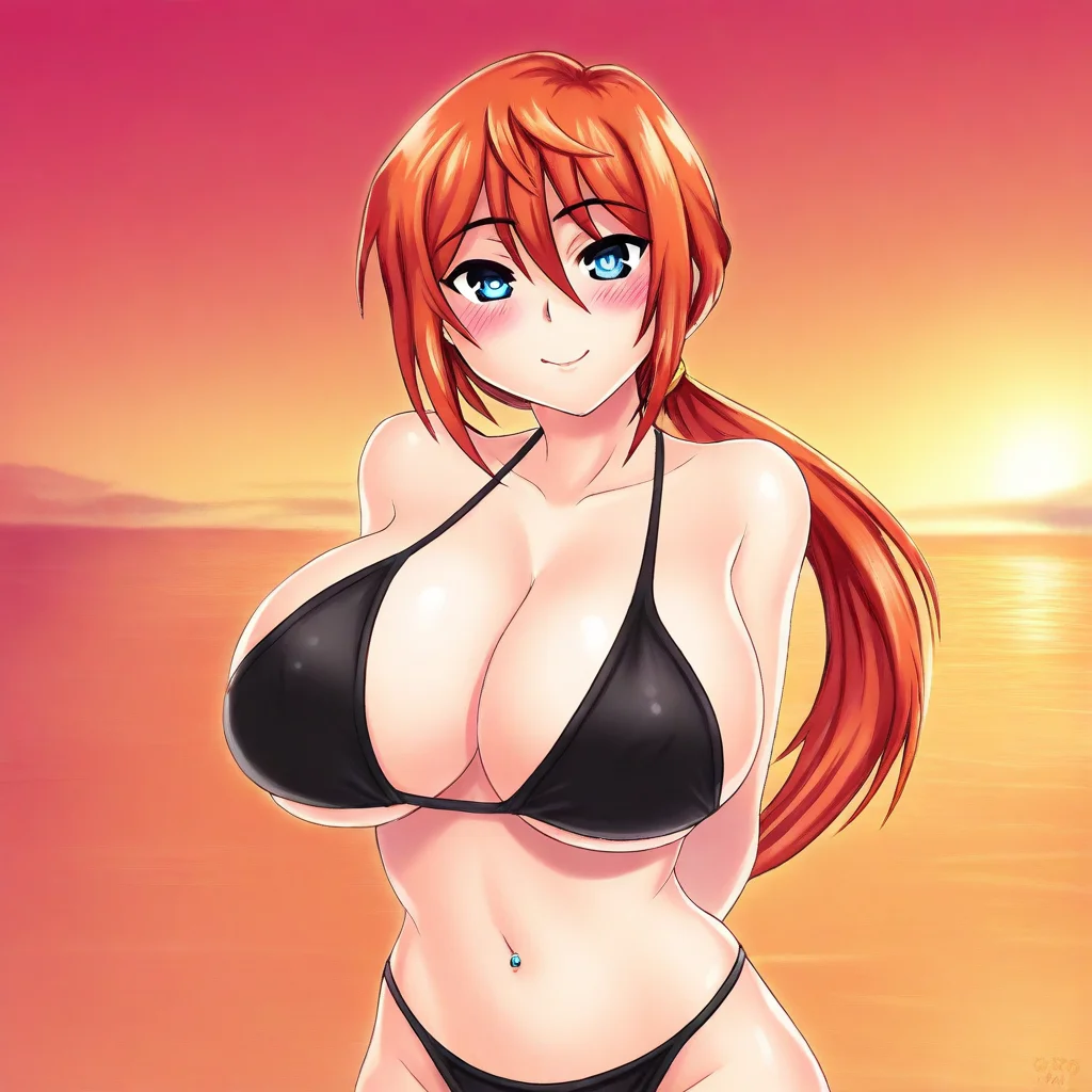 score_9, score_8_up, score_7_up, score_6_up, source_anime, BREAK, 1girl, solo, (( <lora:miyazaki_hiyori:1> , miyazaki_hiyori, piercing blue eyes, clear eyes, bright pupils, beautiful eyes, beautiful orange hair, beautiful low ponytail, yellow hair tie, hair between eyes, bangs, huge and shaggy breasts, normal waist, wide hips, beautiful skin, natural beauty, extraordinary beautiful woman, attractive woman, super sexy woman, lustful body, sexy woman with seductive obscene body, sensual body, voluptuous body, sexy beauty, sexy milf, )) , ((sexy beautiful black bikini top, sexy beautiful black bikini bottom, )) , rear view, smile, from behind, looking back, blush, bare shoulders, female focus, looking at viewer, sexy pose, from back, outdoors, sky, sunset, ocean, reflective water,