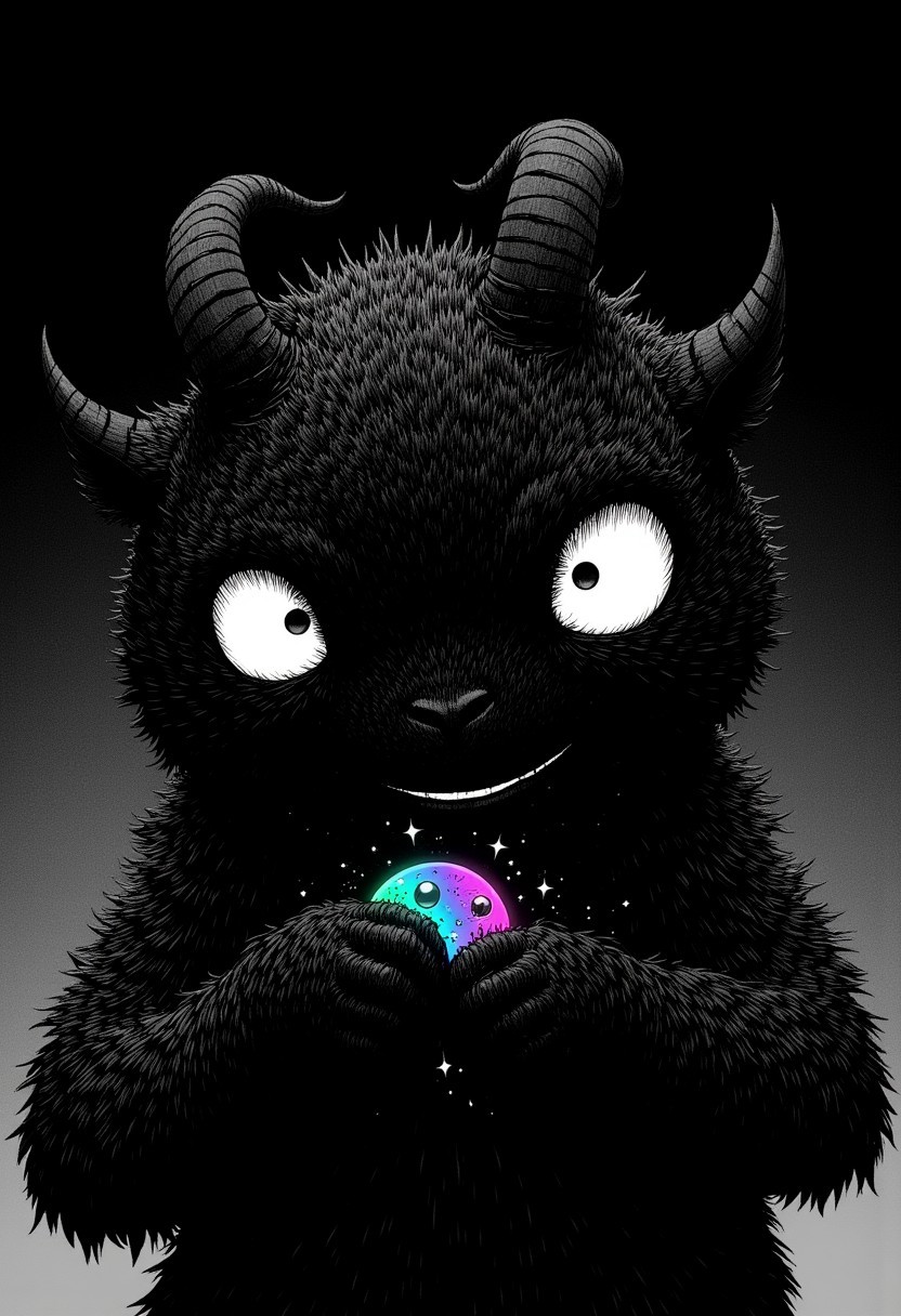 Nistyle, A close-up shot of an impossibly cute, fluffy black monster with large, sparkling eyes that seem to take up most of its face. Its fur is soft and puffy, like a cloud, with intricate, feathery tufts that frame its tiny evil smiling goat head. The creature has small, rounded ears that twitch slightly, adding to its creepy adorable charm, and a little button nose that peeks out from the sea of fluff. Its tiny paws are pressed up against its chest, clutching a small, translucent neon Rainbow object, radiating danger and downfall. The background is shrouded black that makes the creature’s fluffy texture stand out even more in fine black-and-white manga detail. Every stroke of the pen emphasizes the softness of its fur, making it look so real that you could almost reach out and touch it. The scene exudes an overwhelming sense of cuteness, evoking an instant “aww” response from anyone who gazes upon it.