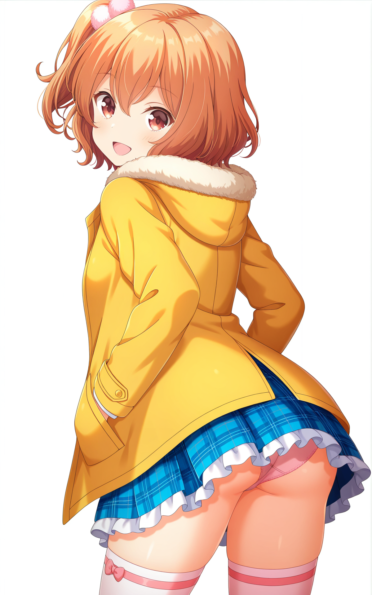 masterpiece, best quality, good quality, newest,4k, perfect lighting, cinematic, very aesthetic, official art, anime screencap, anime coloring,(((white background, simple background))),
1girl,solo,michiru,brown hair,orange hair,short hair,side ponytail,one side up,hair between eyes,hair ornament,brown eyes,red eyes,
yellow coat,fur trim,blue skirt,plaid skirt,frilled skirt,miniskirt,ass,panties,white thighhighs,pink thighhighs,
open mouth,looking at viewer,smile,looking back,standing,hands in pockets,BREAK
<lora:ILmichiru:1>
