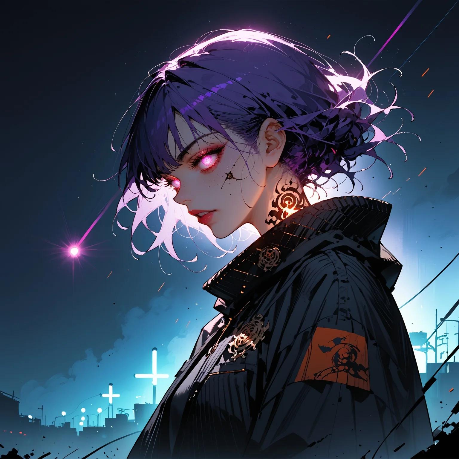 score_9,score_8_up,score_7_up,score_6_up, solo, anime, 2d, cowboy shot, 30 year old woman, purple haired woman, eternal goddess in the cosmos, comic style, dark, neon lights, inked art style, glowing eyes, high contrast,dark theme, Sinozick Style, environmental lighting, dark, backlighting, rating_explicit, flat colors, <lora:Sinozick_Style_XL_Pony:0.6> <lora:lora-sdxl-perfect-eyes:0.7> <lora:Fant5yP0ny:0.6>