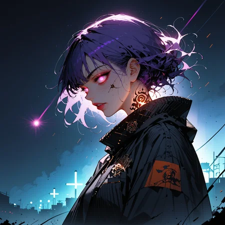score_9,score_8_up,score_7_up,score_6_up, solo, anime, 2d, cowboy shot, 30 year old woman, purple haired woman, eternal goddess in the cosmos, comic style, dark, neon lights, inked art style, glowing eyes, high contrast,dark theme, Sinozick Style, environmental lighting, dark, backlighting, rating_explicit, flat colors, <lora:Sinozick_Style_XL_Pony:0.6> <lora:lora-sdxl-perfect-eyes:0.7> <lora:Fant5yP0ny:0.6>