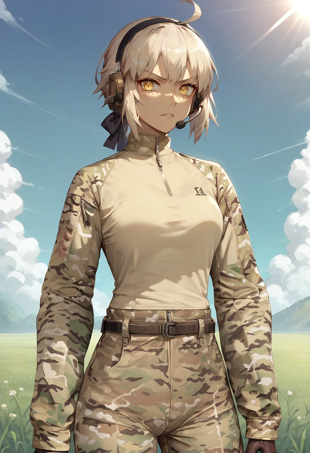 score_9, score_8_up, score_7_up, score_6_up, 1girl, solo, saber alter,
<lora:G4MulticamUniform:0.8>, G4MulticamUniform, camouflage, camouflage pants, camouflage shirt, long sleeves, shirt tucked in, zipper, brown gloves, belt,
standing, looking at viewer, comtac, brown headset, black hairband,
BREAK, blue sky, grass, sunlight,