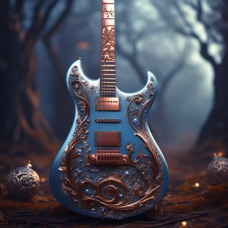 RAW photo of a very detailed guitar with whimsical elements, magical fairytale landscape, fantasy style art, dusty blue theme, intricate details, ultra sharp, exquisite detail, flawless composition, vivid colors, masterpiece, exciting background, timeless elegant and Exquisite Copper Ornaments