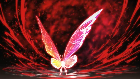masterpiece, best quality, no humans, abstract, abstract background, colorful, colorful palette, red theme, glowing, single butterfly, (huge butterfly:1.5), red butterfly, red aura, energy, water, nebula, dark theme, horror \(theme\)
