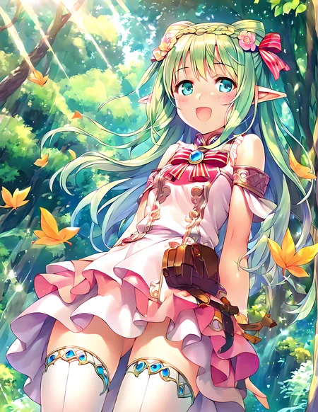 <lora:pony_xl_Cecile:0.8>,Cecile,score_9,score_8_up,score_7_up,source_anime,1girl,solo,looking at viewer,blush,smile,:d,open mouth,bare shoulders,white dress,detached sleeves,thin pink skirt,ruffles,white thighhighs,nature,sky,day,Dreamy forest,fantastic,refreshing wind,the sunlight streaming through the leaves of the trees,sunny weather writing,lens_flare,hair fluttering in the wind,hair_flaps,standing,cowboy_shot,