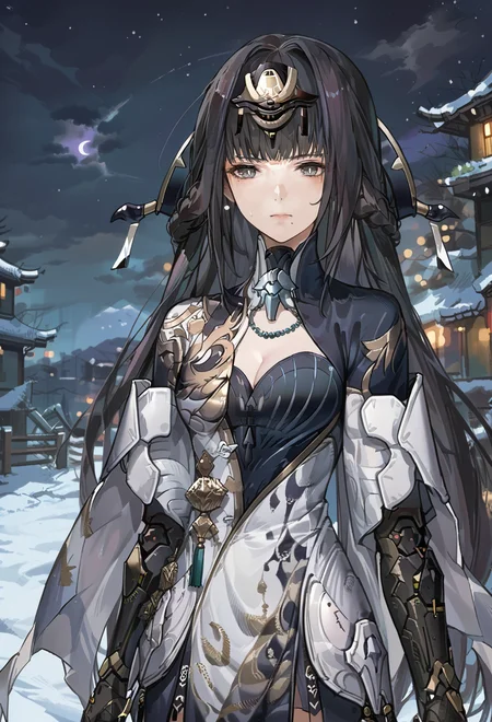 score_9, score_7_up, source_anime, BREAK <lora:Qu-Shukra:1> Shukra, gray eyes, multicolored hair, black hair, lavender hair, mole under mouth, headgear, dress, mechanical arm,
night sky, snow,