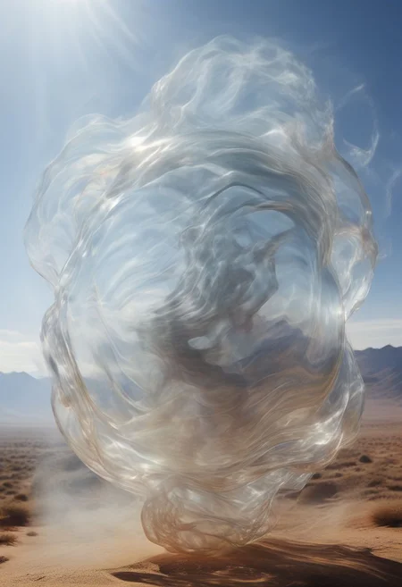 a landscape scene with grass covered low hills in the background, in the center of the image is a large a glass sphere levitating high in the sky , the glass sphere is glistening in the sunlight angainst a blue sky, inside the glass sphere an air elemental which looks like smoke, the sunlight is refracting through the glass sphere and giving a rainbow highlight in the direction of the viewer, the glass sphere is levitating in mid air and is surrounded by a veil of smoke, blue sky in background, looking up at the glass sphere with the ground far below