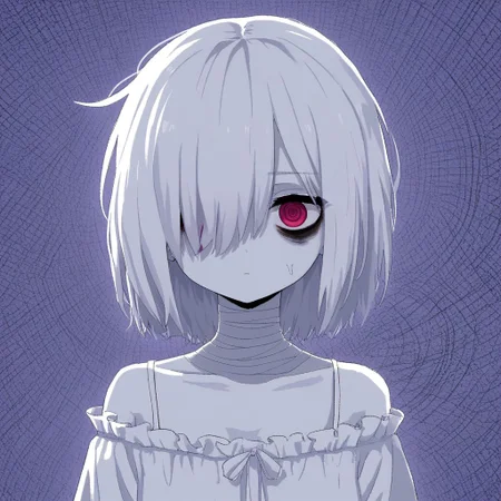 score 9 up, score 8 up, solo,1girl, white hair, hair over one eye, two-tone eyes, pink eyes, red eyes, white clothing, spaghetti_strap, oversized blouse, bags under eyes, mascara, bandaged_neck, aliasing, breakcore, Digicore, glitchcore, pixelsorting, lineart, distorted, abstract,