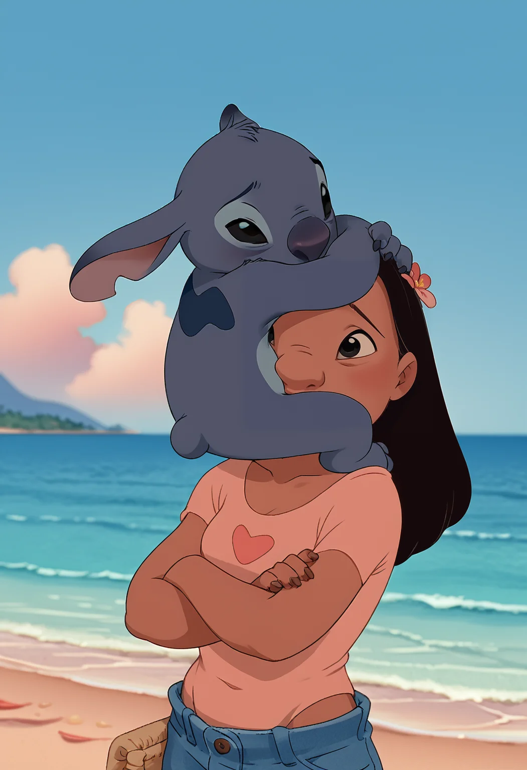 score_9,score_8_up,score_7_up,source_anime,beach,<lora:ChamFaceHugPonyXL:0.8>,face hug,on shoulders,shoulder carry,carrying,from behind,arms on head,1girl,<lora:Nani_Pelekai_-_Lilo_and_Stitch_PonyXL>,NaniLS,<lora:Experiment_626_aka_Stitch_Lilo_and_Stitch_for_PonyXL:0.8>,st1tch,black eyes,furry,