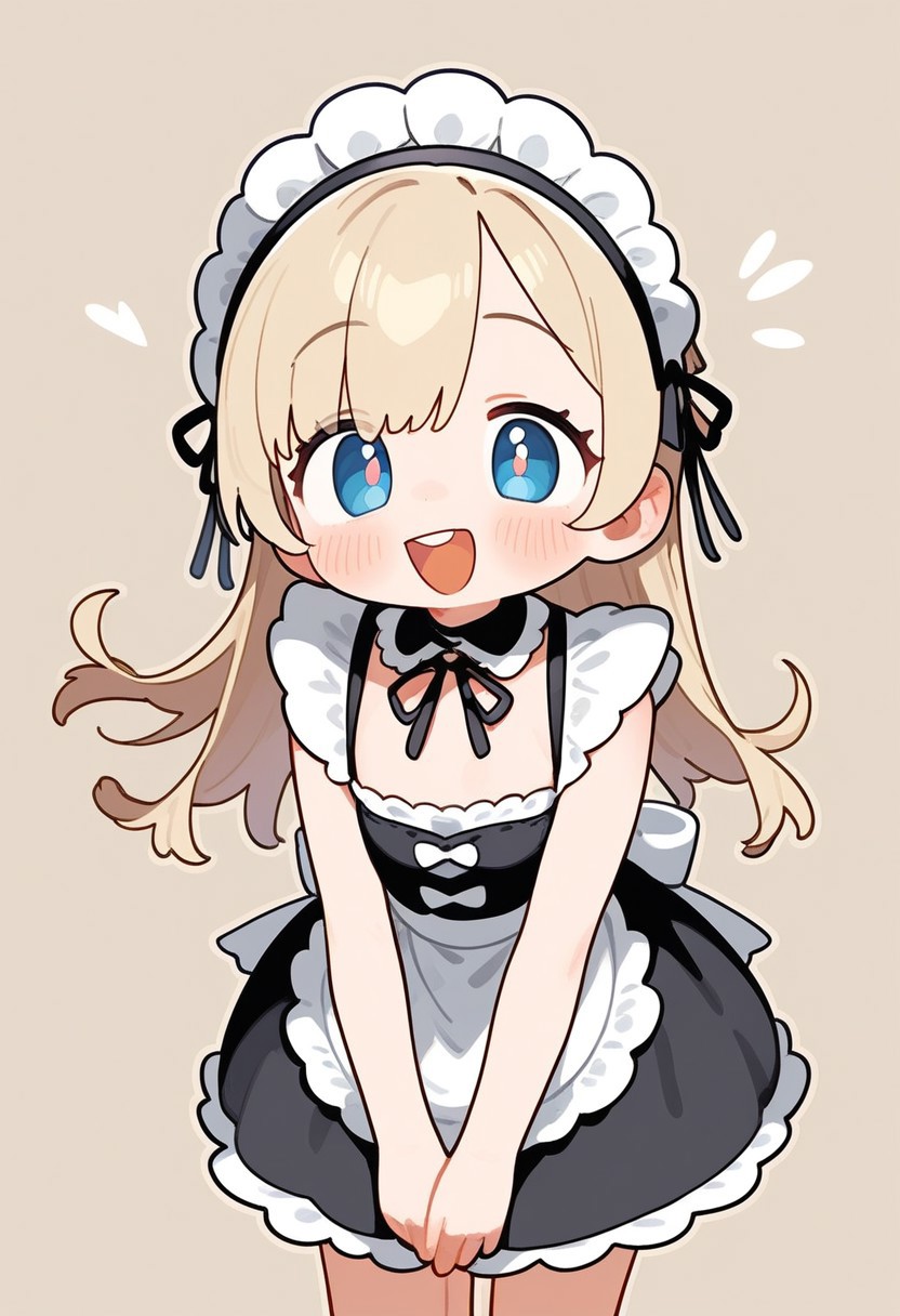 score_9,score_8_up,score_7_up,  
shading, dramatic body light, excited, cute, open mouth,
cute anime girl, big cute eyes, masterpiece, cartoon style, best quality, amazing quality, gradient background,  looking at viewer, Cute_Rem, sticker, white outline, cute, chibi style, sticker style,
 1 girl, skinny body, flat chested,
zzDawn, blue eyes, blonde hair, long hair, smile, heart, 
 maid dress, maid, detailed maid dress,  bent over