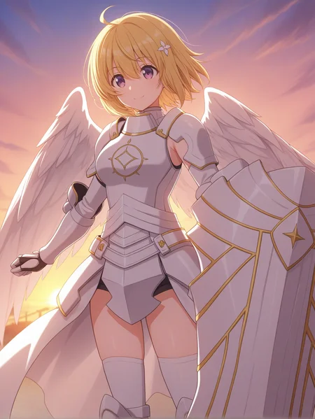 (white armor white gauntlets white armored boots white thighhighs white shield:1.50),
bof-maple, purple eyes, short hair, ahoge, hair between eyes, hair ornament,
medium breasts, 1girl,
(masterpiece, highres, ultra-detailed,very aesthetic, best quality, absurdres, high quality, highres),
happy,
,
(:1.40),
BREAK,
sunset outdoors,
,
(solo:0.60), (skinny:0.8),
(),
blonde hair white wings
<lora:bof-maple-V01-illXL:0.80>